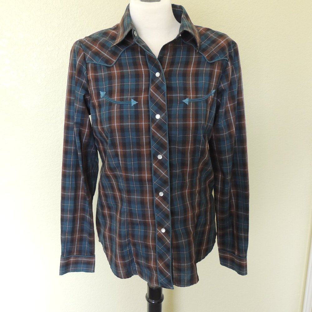 Roper Brown Blue Plaid Western Shirt Pearl Snaps Smiles Women's Small
